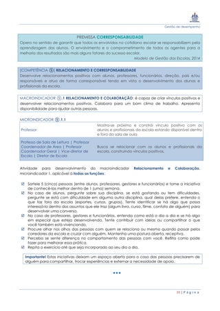 Gestão de desempenho
39 | P á g i n a
PREMISSA CORRESPONSABILIDADE
Opera no sentido de garantir que todos os envolvidos no cotidiano escolar se responsabilizem pela
aprendizagem dos alunos. O envolvimento e o comprometimento de todos os agentes para a
melhoria dos resultados são mais alguns fatores do sucesso escolar.
Modelo de Gestão das Escolas, 2014
[COMPETÊNCIA ⑤] RELACIONAMENTO E CORRESPONSABILIDADE
Desenvolve relacionamentos positivos com alunos, professores, funcionários, direção, pais e/ou
responsáveis e atua de forma corresponsável tendo em vista o desenvolvimento dos alunos e
profissionais da escola.
MACROINDICADOR ⑤.1 RELACIONAMENTO E COLABORAÇÃO: é capaz de criar vínculos positivos e
desenvolver relacionamentos positivos. Colabora para um bom clima de trabalho. Apresenta
disponibilidade para ajudar outras pessoas.
MICROINDICADOR ⑤.1.1
Professor
Mostra-se próximo e constrói vínculo positivo com os
alunos e profissionais da escola estando disponível dentro
e fora da sala de aula.
Professo de Sala de Leitura | Professor
Coordenador de Área | Professor
Coordenador Geral | Vice-diretor de
Escola | Diretor de Escola
Busca se relacionar com os alunos e profissionais da
escola, construindo vínculos positivos.
Atividade para desenvolvimento do macroindicador Relacionamento e Colaboração,
microindicador 1, aplicável à todas as funções:
 Sorteie 5 (cinco) pessoas (entre alunos, professores, gestores e funcionários) e tome a iniciativa
de conhecê-las melhor dentro de 1 (uma) semana.
 No caso de alunos, pergunte sobre sua disciplina, se está gostando ou tem dificuldades,
pergunte se está com dificuldade em alguma outra disciplina, qual delas prefere, entenda o
que faz fora da escola (esportes, cursos, grupos). Tente identificar se há algo que possa
interessá-lo dentro dos assuntos que ele traz (algum livro, curso, filme, contato de alguém) para
desenvolver uma conversa.
 No caso de professores, gestores e funcionários, entenda como está o dia a dia e se há algo
em especial que esteja desenvolvendo. Tente contribuir com ideias ou compartilhar o que
você também está vivenciando.
 Procure olhar nos olhos das pessoas com quem se relaciona ou mesmo quando passar pelos
corredores da escola e cruzar com alguém. Mantenha uma postura aberta, receptiva.
 Perceba se sente diferença no comportamento das pessoas com você. Reflita como pode
fazer para melhorar essa prática.
 Repita o exercício até que seja incorporado ao seu dia a dia.
Importante! Estas iniciativas deixam um espaço aberto para o caso das pessoas precisarem de
alguém para compartilhar, trocar experiências e externar a necessidade de apoio.
 