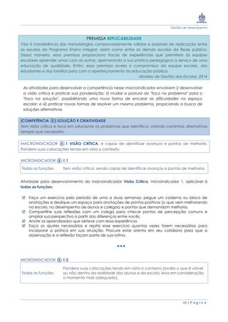 Gestão de desempenho
48 | P á g i n a
PREMISSA REPLICABILIDADE
Visa à transferência das metodologias comprovadamente válidas e passíveis de replicação entre
as escolas do Programa Ensino Integral, assim como entre as demais escolas da Rede pública.
Dessa maneira, essa premissa proporciona trocas de experiências que permitem às equipes
escolares aprender umas com as outras, aprimorando a sua prática pedagógica a serviço de uma
educação de qualidade. Enfim, essa premissa revela o compromisso da equipe escolar, dos
estudantes e das famílias para com o aperfeiçoamento da educação pública.
Modelo de Gestão das Escolas, 2014
As atividades para desenvolver a competência nesse macroindicador envolvem i) desenvolver
a visão crítica e praticar sua ponderação; ii) mudar a postura do "foco no problema" para o
"foco na solução", possibilitando uma nova forma de encarar as dificuldades no espaço
escolar; e iii) praticar novas formas de resolver um mesmo problema, propiciando a busca de
soluções alternativas.
[COMPETÊNCIA ⑥] SOLUÇÃO E CRIATIVIDADE
Tem visão crítica e foca em solucionar os problemas que identifica, criando caminhos alternativos
sempre que necessário.
MACROINDICADOR ⑥.1 VISÃO CRÍTICA: é capaz de identificar avanços e pontos de melhoria.
Pondera suas colocações tendo em vista o contexto.
MICROINDICADOR ⑥.1.1
Todas as funções Tem visão crítica, sendo capaz de identificar avanços e pontos de melhoria.
Atividade para desenvolvimento do macroindicador Visão Crítica, microindicador 1, aplicável à
todas as funções:
 Faça um exercício pelo período de uma a duas semanas: pegue um caderno ou bloco de
anotações e dedique um espaço para anotações de pontos positivos (o que vem melhorando
na escola, no desempenho de alunos e colegas) e pontos que demandam melhoria.
 Compartilhe suas reflexões com um colega para checar pontos de percepção comuns e
ampliar sua perspectiva a partir das diferenças entre vocês.
 Anote os aprendizados que obteve com essa experiência.
 Faça os ajustes necessários e repita esse exercício quantas vezes forem necessárias para
incorporar a prática em sua atuação. Procure estar atento em seu cotidiano para que a
observação e a reflexão façam parte de sua rotina.
MICROINDICADOR ⑥.1.2
Todas as funções
Pondera suas colocações tendo em vista o contexto (avalia o que é viável
ou não dentro da realidade dos alunos e da escola, leva em consideração
o momento mais adequado).
 