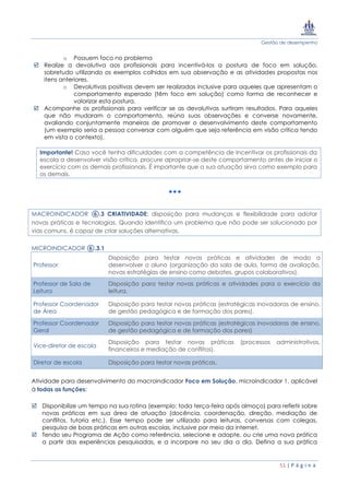 Gestão de desempenho
51 | P á g i n a
o Possuem foco no problema
 Realize a devolutiva aos profissionais para incentivá-los a postura de foco em solução,
sobretudo utilizando os exemplos colhidos em sua observação e as atividades propostas nos
itens anteriores.
o Devolutivas positivas devem ser realizadas inclusive para aqueles que apresentam o
comportamento esperado (têm foco em solução) como forma de reconhecer e
valorizar esta postura.
 Acompanhe os profissionais para verificar se as devolutivas surtiram resultados. Para aqueles
que não mudaram o comportamento, reúna suas observações e converse novamente,
avaliando conjuntamente maneiras de promover o desenvolvimento deste comportamento
(um exemplo seria a pessoa conversar com alguém que seja referência em visão crítica tendo
em vista o contexto).
Importante! Caso você tenha dificuldades com a competência de Incentivar os profissionais da
escola a desenvolver visão crítica, procure apropriar-se deste comportamento antes de iniciar o
exercício com os demais profissionais. É importante que a sua atuação sirva como exemplo para
os demais.
MACROINDICADOR ⑥.3 CRIATIVIDADE: disposição para mudanças e flexibilidade para adotar
novas práticas e tecnologias. Quando identifica um problema que não pode ser solucionado por
vias comuns, é capaz de criar soluções alternativas.
MICROINDICADOR ⑥.3.1
Professor
Disposição para testar novas práticas e atividades de modo a
desenvolver o aluno (organização da sala de aula, forma de avaliação,
novas estratégias de ensino como debates, grupos colaborativos).
Professor de Sala de
Leitura
Disposição para testar novas práticas e atividades para o exercício da
leitura.
Professor Coordenador
de Área
Disposição para testar novas práticas (estratégicas inovadoras de ensino,
de gestão pedagógica e de formação dos pares).
Professor Coordenador
Geral
Disposição para testar novas práticas (estratégicas inovadoras de ensino,
de gestão pedagógica e de formação dos pares)
Vice-diretor de escola
Disposição para testar novas práticas (processos administrativos,
financeiros e mediação de conflitos).
Diretor de escola Disposição para testar novas práticas.
Atividade para desenvolvimento do macroindicador Foco em Solução, microindicador 1, aplicável
à todas as funções:
 Disponibilize um tempo na sua rotina (exemplo: toda terça-feira após almoço) para refletir sobre
novas práticas em sua área de atuação (docência, coordenação, direção, mediação de
conflitos, tutoria etc.). Esse tempo pode ser utilizado para leituras, conversas com colegas,
pesquisa de boas práticas em outras escolas, inclusive por meio da internet.
 Tendo seu Programa de Ação como referência, selecione e adapte, ou crie uma nova prática
a partir das experiências pesquisadas, e a incorpore no seu dia a dia. Defina a sua prática
 
