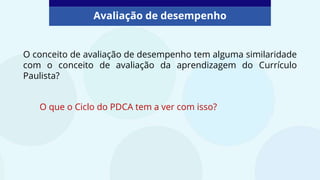 O conceito de avaliação de desempenho tem alguma similaridade
com o conceito de avaliação da aprendizagem do Currículo
Paulista?
O que o Ciclo do PDCA tem a ver com isso?
Avaliação de desempenho
 