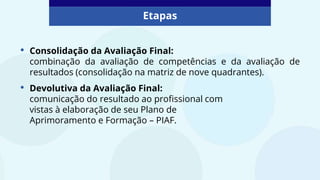 • Consolidação da Avaliação Final:
combinação da avaliação de competências e da avaliação de
resultados (consolidação na matriz de nove quadrantes).
Etapas
• Devolutiva da Avaliação Final:
comunicação do resultado ao profissional com
vistas à elaboração de seu Plano de
Aprimoramento e Formação – PIAF.
 