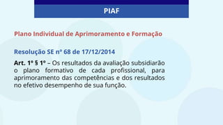 Plano Individual de Aprimoramento e Formação
Resolução SE nº 68 de 17/12/2014
Art. 1º § 1º – Os resultados da avaliação subsidiarão
o plano formativo de cada profissional, para
aprimoramento das competências e dos resultados
no efetivo desempenho de sua função.
PIAF
 