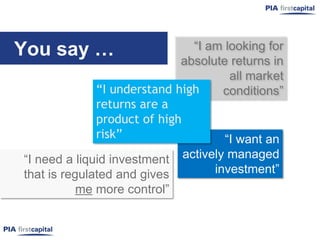 You say …                     “I am looking for
                            absolute returns in
                                     all market
             “I understand high    conditions”
             returns are a
             product of high
             risk”                  “I want an
“I need a liquid investment   actively managed
that is regulated and gives         investment”
           me more control”
 