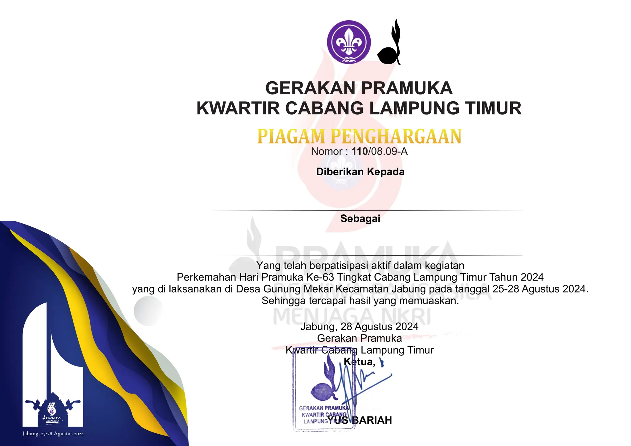 PIAGAM PERKEMAHAN HARI PRAMUKA KWARCAB LAMPUNG TIMUR | PDF