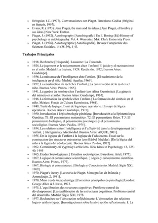 •   Bringuier, J.C. (1977). Conversaciones con Piaget. Barcelona: Gedisa (Original
       en francés, 1997).
   •   Evans, R. (1973). Jean Piaget, the man and his ideas. [Jean Piaget, el hombre y
       sus ideas] New York: Dutton.
   •   Piaget, J. (1952). Autobiography [Autobiografía]. En E. Boring (Ed) History of
       psychology in autobiography. Vol. 4. Worcester, MA: Clark University Press.
   •   Piaget, J. (1976). Autobiographie [Autobiografía]. Revuee Européenne des
       Sciences Sociales, 14 (38-39), 1-43.

Trabajos Principales

   •   1918, Recherche [Búsqueda]. Lausanne: La Concorde.
   •   1924, Le jugement et le raisonnement chez l´enfant [El juicio y el razonamiento
       en el niño. Madrid: La Lectura, 1929. Reedición, 1972; Buenos Aires:
       Guadalupe].
   •   1936, La naissance de l’intelligence chez l’enfant. [El nacimiento de la
       inteligencia en el niño. Madrid: Aguilar, 1969].
   •   1957, La construction du réel chez l’enfant. [La construcción de lo real en el
       niño. Buenos Aires: Proteo, 1965].
   •   1941, La genèse du nombre chez l´enfant (con Alina Szeminska). [La génesis
       del número en el niño. Buenos Aires: Guadalupe, 1967].
   •   1946, La formation du symbole chez l´enfant. [ La formación del símbolo en el
       niño. México: Fondo de Cultura Económica, 1961].
   •   1949, Traité de logique. Essai de logistique opératorie. [Ensayo de lógica
       operatoria. Buenos Aires: Guadalupe, 1977].
   •   1950, Introduction à l'épistémologie génétique. [Introducción a la Epistemología
       Genética. T1: El pensamiento matemático. T2: El pensamiento físico. T 3: El
       pensamiento biológico, el pensamiento psicológico y el pensamiento
       sociológico. Buenos Aires: Paidós, 1975] .
   •   1954, Les relations entre l´intelligence et l´affectivité dans le développement de l
       ´nefant. [ Inteligencia y Afectividad. Buenos Aires: AIQUE, 2001].
   •   1955, De la logique de l´enfant à la logique de l´adolescent. Essai sur la
       construction des structures opératories (con Bärbel Inhelder). [De la lógica del
       niño a la lógica del adolescente. Buenos Aires: Paidós, 1972].
   •   1962, Commentary on Vygotsky's criticisms. New Ideas in Psychology, 13, 325-
       40, 1995
   •   1965, Etudes Sociologiques. [ Estudios sociológicos. Barcelona: Ariel, 1977].
   •   1967, Logique et connaissance scientifique. [ Lógica y conocimiento científico.
       Buenos Aires: Proteo, 1979].
   •   1967, Biologie et connaissance. [Biología y Conocimiento. Madrid: Siglo XXI,
       1969].
   •   1970, Piaget's theory. [La teoría de Piaget. Monografías de Infancia y
       Aprendizaje, 2, 1981].
   •   1970, Main trends in psychology. [Corrientes principales en psicología] London:
       George Allen & Unwin, 1973.
   •   1975, L´equilibration des structures cognitives: Problème central du
       développement. [La equilibración de las estructuras cognitivas. Problema central
       del desarrollo. Madrid: Siglo XXI, 1978.
   •   1977, Recherches sur l´abstraction refléchissante. L´abstraction des relations
       logico- arithmétiques. [Investigaciones sobre la abstracción reflexionante. I. La
 
