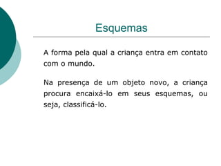 Esquemas A forma pela qual a criança entra em contato com o mundo. Na presença de um objeto novo, a criança procura encaixá-lo em seus esquemas, ou seja, classificá-lo. 