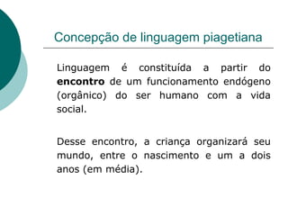 Concepção de linguagem piagetiana Linguagem é constituída a partir do  encontro  de um funcionamento endógeno (orgânico) do ser humano com a vida social. Desse encontro, a criança organizará seu mundo, entre o nascimento e um a dois anos (em média). 