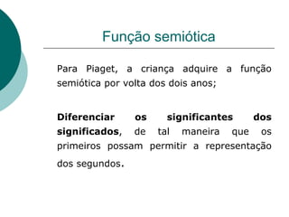 Função semiótica Para Piaget, a criança adquire a função semiótica por volta dos dois anos; Diferenciar os significantes dos significados , de tal maneira que os primeiros possam permitir a representação dos segundos . 