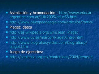 Asimilación y Acomodación -  http :// www.educar - argentina.com.ar /JUN2005/educ58. htm   http://www.psicopedagogia.com/articulos/?articulo=379 Piaget: datos http :// es.wikipedia.org /wiki/ Jean_Piaget   http :// www.uv.es / marcor /Piaget/ Intro.html   http :// www.biografiasyvidas.com / biografia /p/ piaget.htm   Juego de ejercicios:  http://sepiensa.org.mx/contenidos/2004/irene/eljuegoejercicio/eljuegoejercicio.html 