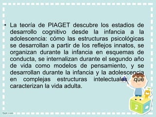 La teoría de PIAGET descubre los estadios de desarrollo cognitivo desde la infancia a la adolescencia: cómo las estructuras psicológicas se desarrollan a partir de los reflejos innatos, se organizan durante la infancia en esquemas de conducta, se internalizan durante el segundo año de vida como modelos de pensamiento, y se desarrollan durante la infancia y la adolescencia en complejas estructuras intelectuales que caracterizan la vida adulta.  