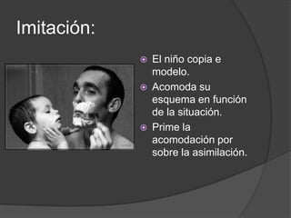 Imitación:
                El niño copia e
                 modelo.
                Acomoda su
                 esquema en función
                 de la situación.
                Prime la
                 acomodación por
                 sobre la asimilación.
 