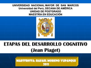 UNIVERSIDAD NACIONAL MAYOR DE SAN MARCOS
       Universidad del Perú, DECANA DE AMÉRICA
                UNIDAD DE POSTGRADO
               MAESTRÍA EN EDUCACIÓN




ETAPAS DEL DESARROLLO COGNITIVO
          (Jean Piaget)
     Maestrista: Rafael Moreno Yupanqui
                     2011
 