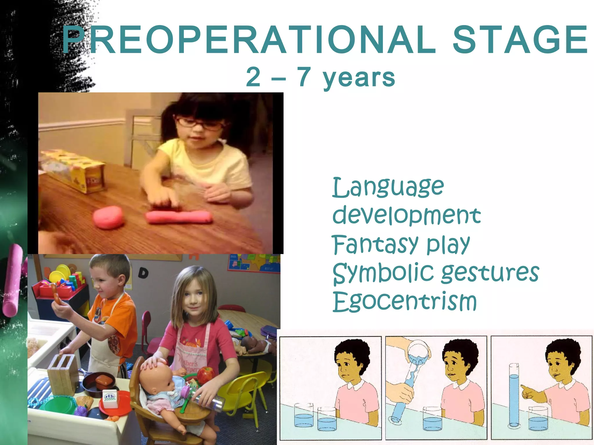 PREOPERATIONAL STAGE
2 – 7 years

Language
development
Fantasy play
Symbolic gestures
Egocentrism

 