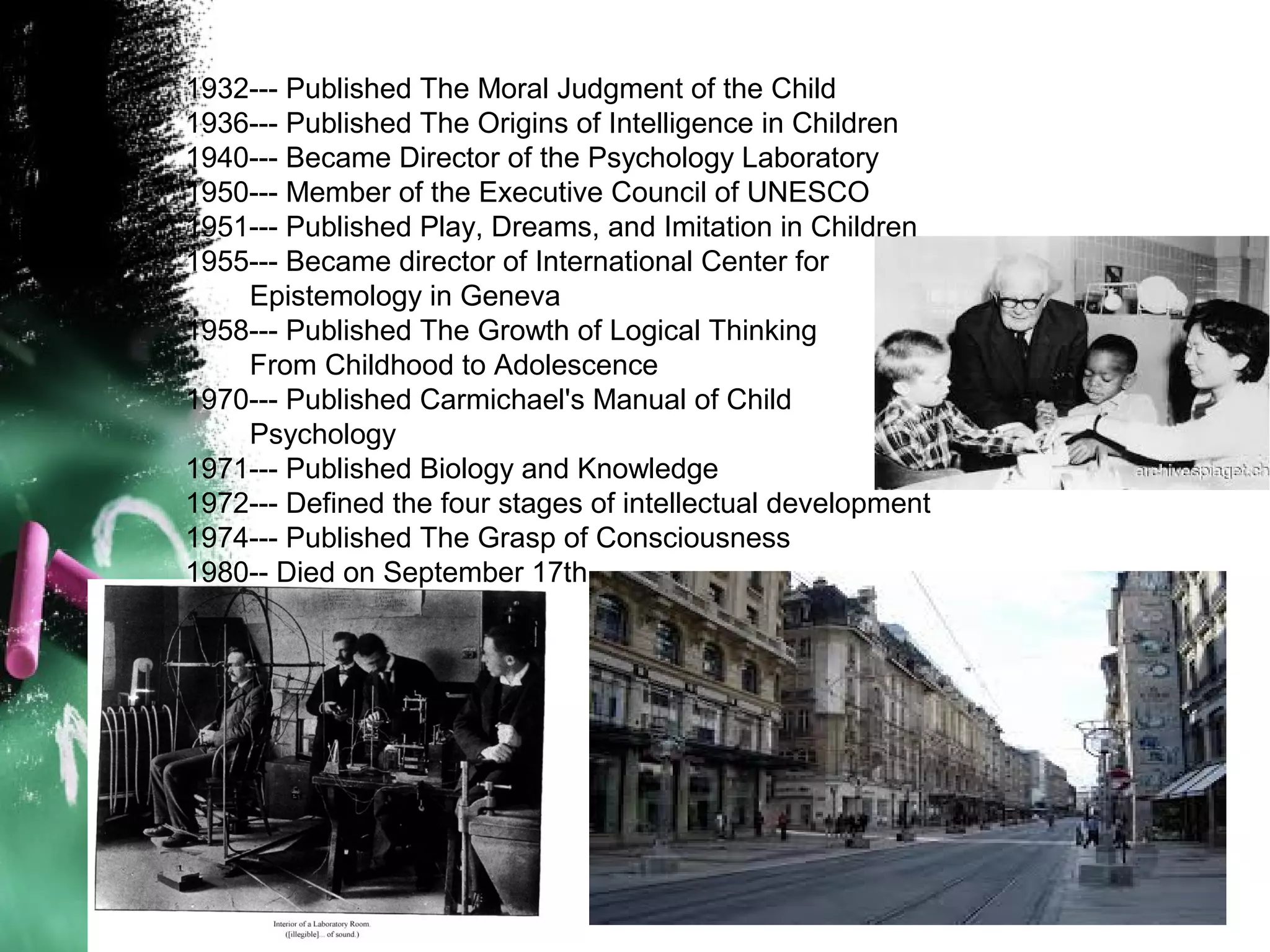 1932--- Published The Moral Judgment of the Child
1936--- Published The Origins of Intelligence in Children
1940--- Became Director of the Psychology Laboratory
1950--- Member of the Executive Council of UNESCO
1951--- Published Play, Dreams, and Imitation in Children
1955--- Became director of International Center for
Epistemology in Geneva
1958--- Published The Growth of Logical Thinking
From Childhood to Adolescence
1970--- Published Carmichael's Manual of Child
Psychology
1971--- Published Biology and Knowledge
1972--- Defined the four stages of intellectual development
1974--- Published The Grasp of Consciousness
1980-- Died on September 17th

 