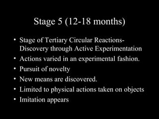 Stage 5 (12-18 months)
• Stage of Tertiary Circular Reactions-
Discovery through Active Experimentation
• Actions varied in an experimental fashion.
• Pursuit of novelty
• New means are discovered.
• Limited to physical actions taken on objects
• Imitation appears
 