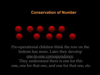 Conservation of Number
Pre-operational children think the row on the
bottom has more. Later they develop
one-to-one correspondence.
They understand there is one for this
one, one for that one, and one for that one, etc.
 
