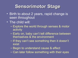 Sensorimotor StageSensorimotor Stage
• Birth to about 2 years, rapid change is
seen throughout
• The child will:
– Explore the world through senses & motor
activity
– Early on, baby can’t tell difference between
themselves & the environment
– If they can’t see something then it doesn’t
exist
– Begin to understand cause & effect
– Can later follow something with their eyes
 