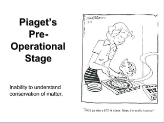 Piaget’sPiaget’s
PrePre--
OperationalOperational
StageStage
Inability to understand
conservation of matter.
 