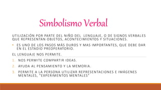 Simbolismo Verbal
UTILIZACIÓN POR PARTE DEL NIÑO DEL LENGUAJE, O DE SIGNOS VERBAL ES
QUE REPRESENTAN OBJETOS, ACONTECIMIENTOS Y SITUACIONES.
• ES UNO DE LOS PASOS MÁS DUROS Y MAS IMPORTANTES, QUE DEBE DAR
EN EL ESTADIO PREOPERATORIO.
EL LENGUAJE NOS PERMITE.
1. NOS PERMITE COMPARTIR IDEAS.
2. AYUDA AL PENSAMIENTO Y LA MEMORIA.
3. PERMITE A LA PERSONA UTILIZAR REPRESENTACIONES E IMÁGENES
MENTALES, “EXPERIMENTOS MENTALES”
 