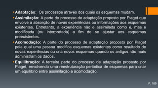 Adaptação: Os processos através dos quais os esquemas mudam.
Assimilação: A parte do processo de adaptação proposto por Piaget que
envolve a absorção de novas experiências ou informações aos esquemas
existentes. Entretanto, a experiência não e assimilada como é, mas é
modificada (ou interpretada) a fim de se ajustar aos esquemas
preexistentes.
Acomodação: A parte do processo de adaptação proposto por Piaget
pela qual uma pessoa modifica esquemas existentes como resultado de
novas experiências ou cria novos esquemas quando os antigos não mais
administram os dados.
Equilibração: A terceira parte do processo de adaptação proposto por
Piaget, envolvendo uma reestruturação periódica de esquemas para criar
um equilíbrio entre assimilação e acomodação.
P. 169
 
