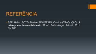 REFERÊNCIA
BEE, Helen. BOYD, Denise. MONTEIRO, Cristina (TRADUÇÃO). A
criança em desenvolvimento. 12 ed. Porto Alegre: Artmet, 2011.
Pp. 568
 