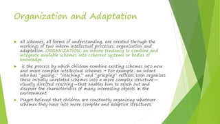 Organization and Adaptation
 all schemes, all forms of understanding, are created through the
workings of two inborn intellectual processes: organization and
adaptation. ORGANIZATION: an inborn tendency to combine and
integrate available schemes into coherent systems or bodies of
knowledge.
 is the process by which children combine existing schemes into new
and more complex intellectual schemes. • For example, an infant
who has “gazing,” “reaching,” and “grasping” reflexes soon organizes
these initially unrelated schemes into a more complex structure—
visually directed reaching—that enables him to reach out and
discover the characteristics of many interesting objects in the
environment.
 Piaget believed that children are constantly organizing whatever
schemes they have into more complex and adaptive structures.
 