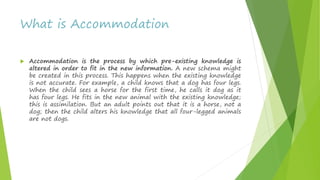 What is Accommodation
 Accommodation is the process by which pre-existing knowledge is
altered in order to fit in the new information. A new schema might
be created in this process. This happens when the existing knowledge
is not accurate. For example, a child knows that a dog has four legs.
When the child sees a horse for the first time, he calls it dog as it
has four legs. He fits in the new animal with the existing knowledge;
this is assimilation. But an adult points out that it is a horse, not a
dog; then the child alters his knowledge that all four-legged animals
are not dogs.
 