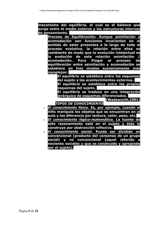 La Rioja. Departamento Independencia. Patquia. CPAB. Tercero del Polimodal. Psicología. Prof. Avila Pablo Mario.




                 mecanismo del equilibrio, el cual es el balance que
                 surge entre el medio externo y las estructuras internas
                 de pensamiento.
                   o Proceso de Equilibración: Aunque asimilación y
                      acomodación son funciones invariantes en el
                      sentido de estar presentes a lo largo de todo el
                      proceso evolutivo, la relación entre ellas es
                      cambiante de modo que la evolución intelectual es
                      la evolución de esta relación asimilación /
                      acomodación.      Para    Piaget   el   proceso     de
                      equilibración entre asimilación y acomodación se
                      establece en tres niveles sucesivamente más
                      complejos:
                          El equilibrio se establece entre los esquemas
                            del sujeto y los acontecimientos externos.
                          El equilibrio se establece entre los propios
                            esquemas del sujeto.
                          El equilibrio se traduce en una integración
                            jerárquica de esquemas diferenciados.
                                                       (Wadsworth,1991)
                          TIPOS DE CONOCIMIENTO
                   o El conocimiento físico. Es, por ejemplo, cuando el
                      niño manipula los objetos que se encuentran en el
                      aula y los diferencia por textura, color, peso, etc.
                   o El conocimiento lógico-matemático. La fuente de
                      este razonamiento está en el sujeto y éste la
                      construye por abstracción reflexiva.
                   o El conocimiento social. Puede ser dividido en
                      convencional (producto del consenso de un grupo
                      social) y no convencional (aquel referido a
                      nociones sociales y que es construido y apropiado
                      por el sujeto).




Página 5 de 18
 