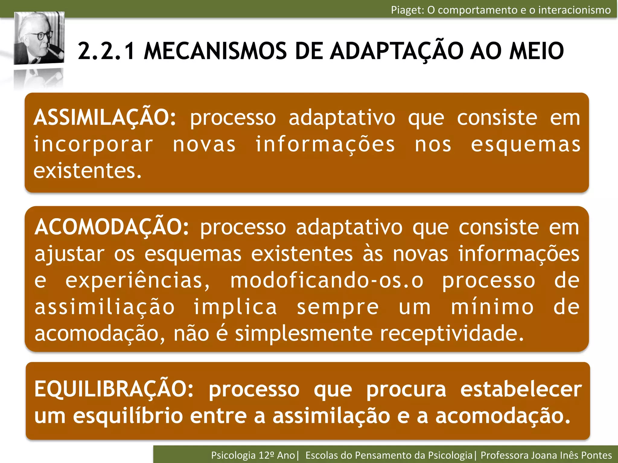 Piaget:	
  O	
  comportamento	
  e	
  o	
  interacionismo	
  


   2.2.1 MECANISMOS DE ADAPTAÇÃO AO MEIO

ASSIMILAÇÃO: processo adaptativo que consiste em
incorporar novas informações nos esquemas
existentes.

ACOMODAÇÃO: processo adaptativo que consiste em
ajustar os esquemas existentes às novas informações
e experiências, modoficando-os.o processo de
assimiliação implica sempre um mínimo de
acomodação, não é simplesmente receptividade.

EQUILIBRAÇÃO: processo que procura estabelecer
um esquilíbrio entre a assimilação e a acomodação.
                Psicologia	
  12º	
  Ano|	
  	
  Escolas	
  do	
  Pensamento	
  da	
  Psicologia|	
  Professora	
  Joana	
  Inês	
  Pontes	
  
 