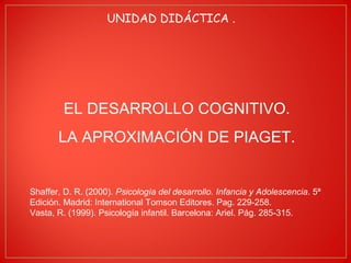 UNIDAD DIDÁCTICA . 
EL DESARROLLO COGNITIVO. 
LA APROXIMACIÓN DE PIAGET. 
Shaffer, D. R. (2000). Psicología del desarrollo. Infancia y Adolescencia. 5ª 
Edición. Madrid: International Tomson Editores. Pag. 229-258. 
Vasta, R. (1999). Psicología infantil. Barcelona: Ariel. Pág. 285-315. 
 