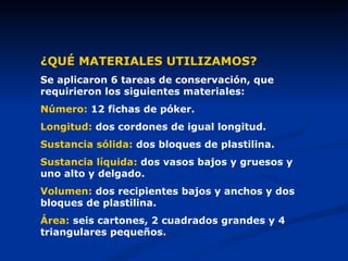 ¿QUÉ MATERIALES UTILIZAMOS? Se aplicaron 6 tareas de conservación, que requirieron los siguientes materiales: Número:  12 fichas de póker.  Longitud:  dos cordones de igual longitud. Sustancia sólida:  dos bloques de plastilina. Sustancia líquida:  dos vasos bajos y gruesos y uno alto y delgado. Volumen:  dos recipientes bajos y anchos y dos bloques de plastilina. Área:  seis cartones, 2 cuadrados grandes y 4 triangulares pequeños. 