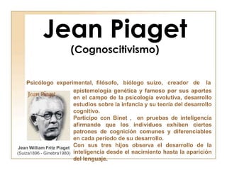 Jean Piaget(Cognoscitivismo) Psicólogo  experimental,  filósofo,   biólogo  suizo,   creador   de    la epistemología genética y famoso por sus aportes en el campo de la psicología evolutiva, desarrolloestudios sobre la infancia y su teoría del desarrollo cognitivo. Participo con Binet ,  en pruebas de inteligencia afirmando que los individuos exhiben ciertos patrones de cognición comunes y diferenciables en cada período de su desarrollo. Con sustres hijos observa el desarrollo de la inteligencia desde el nacimiento hasta la aparición del lenguaje. Jean William Fritz Piaget (Suiza1896 - Ginebra1980)  