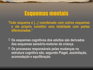 Esquemas mentais
“Todo esquema é [...] coordenado com outros esquemas
e ele próprio constitui uma totalidade com partes
diferenciadas.”
 Os esquemas cognitivos dos adultos são derivados
dos esquemas sensório-motores da criança.
 Os processos responsáveis pelas mudanças na
estrutura cognitiva são, segundo Piaget, assimilação,
acomodação e equilibração.
 