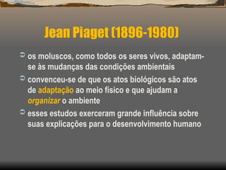  os moluscos, como todos os seres vivos, adaptam-
se às mudanças das condições ambientais
 convenceu-se de que os atos biológicos são atos
de adaptação ao meio físico e que ajudam a
organizar o ambiente
 esses estudos exerceram grande influência sobre
suas explicações para o desenvolvimento humano
Jean Piaget (1896-1980)
 