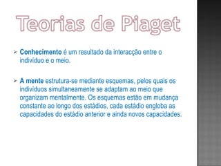 Conhecimento  é um resultado da interacção entre o indivíduo e o meio. A   mente  estrutura-se mediante esquemas, pelos quais os indivíduos simultaneamente se adaptam ao meio que organizam mentalmente. Os esquemas estão em mudança constante ao longo dos estádios, cada estádio engloba as capacidades do estádio anterior e ainda novos capacidades.     