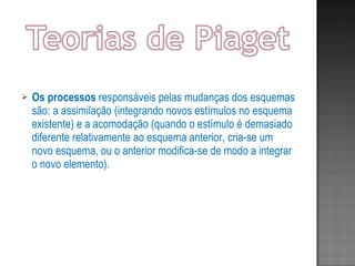 Os processos  responsáveis pelas mudanças dos esquemas são: a assimilação (integrando novos estímulos no esquema existente) e a acomodação (quando o estímulo é demasiado diferente relativamente ao esquema anterior, cria-se um novo esquema, ou o anterior modifica-se de modo a integrar o novo elemento). 