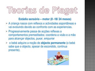 Estádio sensório – motor (0 -18/ 24 meses) A criança nasce com reflexos e actividades espontâneas e vai evoluindo devido ao confronto com as experiencias. Progressivamente passa de acções reflexas a comportamentos premeditados: coordena a visão e a mão para alcançar objectos, puxar, empurrar o bebé adquire a noção de  objecto permanente  (o bebé sabe que o objecto, apesar de escondido, continua presente). 