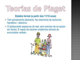 Estádio formal (a partir dos 11/12 anos) Tem pensamento abstracto, faz exercícios de raciocínio hipotético - dedutivo.  O adolescente separa-se do real, sem precisar de se apoiar em factos. É capaz de resolver problemas através de enunciados verbais. 