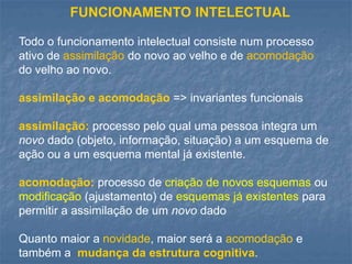 FUNCIONAMENTO INTELECTUAL
Todo o funcionamento intelectual consiste num processo
ativo de assimilação do novo ao velho e de acomodação
do velho ao novo.
assimilação e acomodação => invariantes funcionais
assimilação: processo pelo qual uma pessoa integra um
novo dado (objeto, informação, situação) a um esquema de
ação ou a um esquema mental já existente.
acomodação: processo de criação de novos esquemas ou
modificação (ajustamento) de esquemas já existentes para
permitir a assimilação de um novo dado
Quanto maior a novidade, maior será a acomodação e
também a mudança da estrutura cognitiva.
 