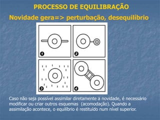 PROCESSO DE EQUILIBRAÇÃO
Novidade gera=> perturbação, desequilíbrio.
Caso não seja possível assimilar diretamente a novidade, é necessário
modificar ou criar outros esquemas (acomodação). Quando a
assimilação acontece, o equilíbrio é restituído num nível superior.
 