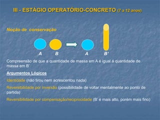 Noção de conservação
A B A B’
Compreensão de que a quantidade de massa em A é igual á quantidade de
massa em B’
Argumentos Lógicos
Identidade (não tirou nem acrescentou nada)
Reversibilidade por inversão (possibilidade de voltar mentalmente ao ponto de
partida)
Reversibilidade por compensação/reciprocidade (B’ é mais alto, porém mais fino)
III - ESTÁGIO OPERATÓRIO-CONCRETO (7 a 12 anos)
 