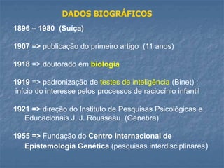 1896 – 1980 (Suíça)
1907 => publicação do primeiro artigo (11 anos)
1918 => doutorado em biologia
1919 => padronização de testes de inteligência (Binet) ;
início do interesse pelos processos de raciocínio infantil
1921 => direção do Instituto de Pesquisas Psicológicas e
Educacionais J. J. Rousseau (Genebra)
1955 => Fundação do Centro Internacional de
Epistemologia Genética (pesquisas interdisciplinares)
DADOS BIOGRÁFICOS
 
