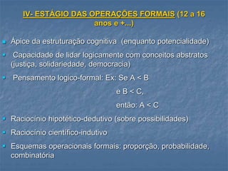 IV- ESTÁGIO DAS OPERAÇÕES FORMAIS (12 a 16
anos e +...)
 Ápice da estruturação cognitiva (enquanto potencialidade)
 Capacidade de lidar logicamente com conceitos abstratos
(justiça, solidariedade, democracia)
 Pensamento logico-formal: Ex: Se A < B
e B < C,
então: A < C
 Raciocínio hipotético-dedutivo (sobre possibilidades)
 Raciocínio científico-indutivo
 Esquemas operacionais formais: proporção, probabilidade,
combinatória
 