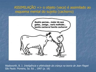 ASSIMILAÇÃO => o objeto (vaca) é assimilado ao
esquema mental do sujeito (cachorro)
Wadsworth, B. J. Inteligência e afetividade da criança na teoria de Jean Piaget
São Paulo: Pioneira, 5a. Ed. , 1997 (p. 18)
 