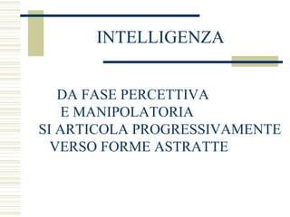 INTELLIGENZA
DA FASE PERCETTIVA
E MANIPOLATORIA
SI ARTICOLA PROGRESSIVAMENTE
VERSO FORME ASTRATTE

 