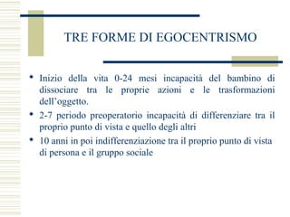 TRE FORME DI EGOCENTRISMO
 Inizio della vita 0-24 mesi incapacità del bambino di
dissociare tra le proprie azioni e le trasformazioni
dell’oggetto.
 2-7 periodo preoperatorio incapacità di differenziare tra il
proprio punto di vista e quello degli altri
 10 anni in poi indifferenziazione tra il proprio punto di vista
di persona e il gruppo sociale

 