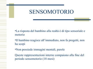 SENSOMOTORIO

•La risposta del bambino alla realtà è di tipo sensoriale e
motorio
•Il bambino reagisce all’immediato, non fa progetti, non
ha scopi
•Non possiede immagini mentali, parole
Queste rappresentazioni interne compaiono alla fine del
periodo sensomotorio (18 mesi)

 