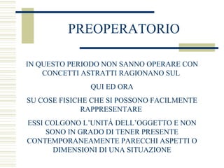 PREOPERATORIO
IN QUESTO PERIODO NON SANNO OPERARE CON
CONCETTI ASTRATTI RAGIONANO SUL
QUI ED ORA
SU COSE FISICHE CHE SI POSSONO FACILMENTE
RAPPRESENTARE
ESSI COLGONO L’UNITÀ DELL’OGGETTO E NON
SONO IN GRADO DI TENER PRESENTE
CONTEMPORANEAMENTE PARECCHI ASPETTI O
DIMENSIONI DI UNA SITUAZIONE

 