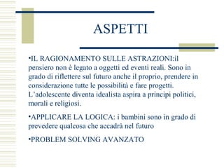 ASPETTI
•IL RAGIONAMENTO SULLE ASTRAZIONI:il
pensiero non è legato a oggetti ed eventi reali. Sono in
grado di riflettere sul futuro anche il proprio, prendere in
considerazione tutte le possibilità e fare progetti.
L’adolescente diventa idealista aspira a principi politici,
morali e religiosi.
•APPLICARE LA LOGICA: i bambini sono in grado di
prevedere qualcosa che accadrà nel futuro
•PROBLEM SOLVING AVANZATO

 