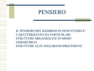 PENSIERO
IL PENSIERO DEL BAMBINO IN OGNI STADIO E’
CARATTERIZZATO DA PARTICOLARI
STRUTTURE ORGANIZZATE IN MODO
GERARCHICO:
STRUTTURE ALTE INGLOBANO PRECEDENTI

 